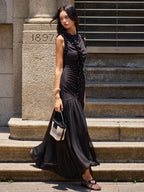 Ruffled Detail Ruched-Front Maxi Dress