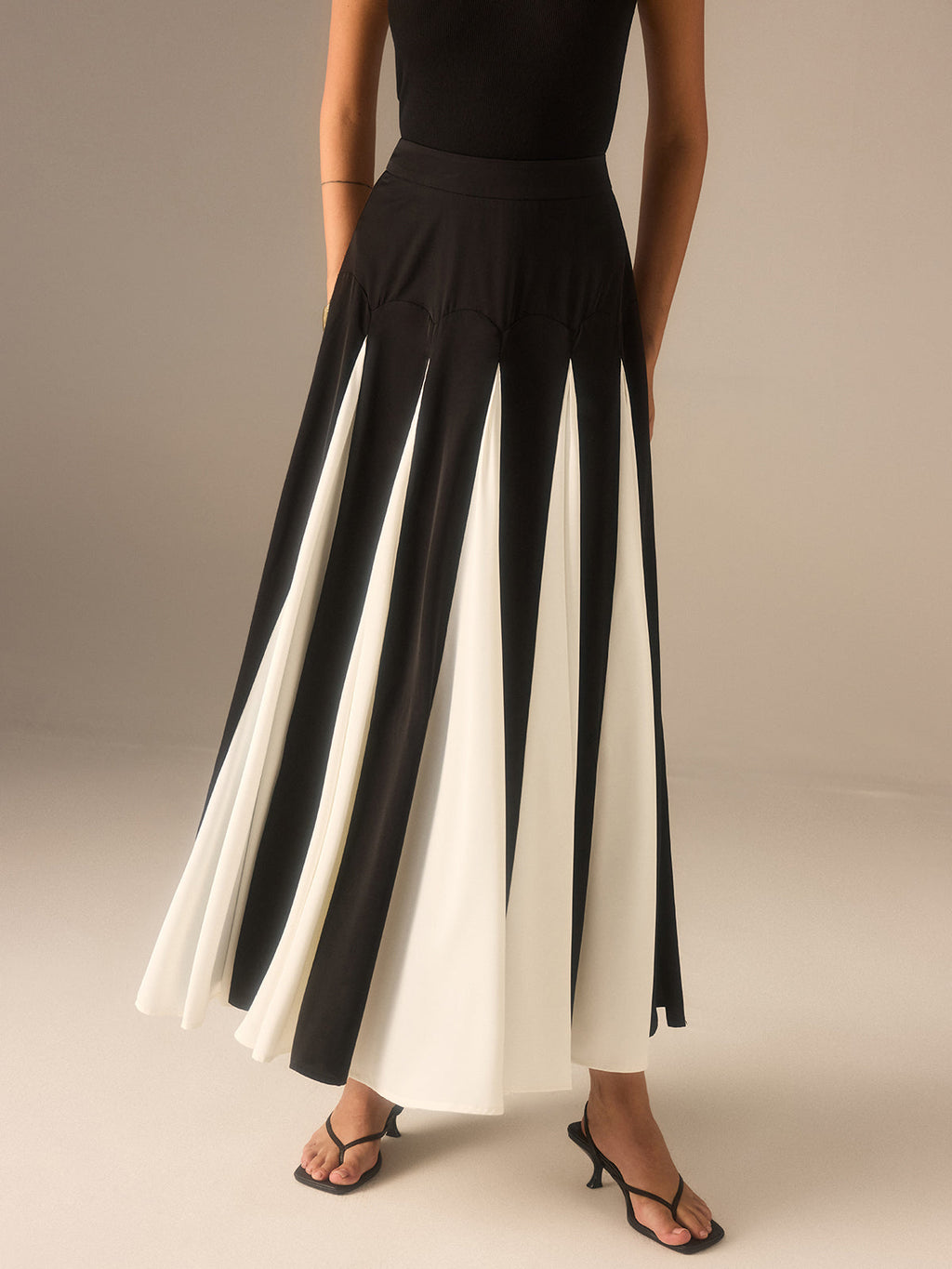 Color-Blocked Midi Skirt with Insert Panels
