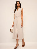 Cotton & Linen Blend V-Neck Belted Midi Dress