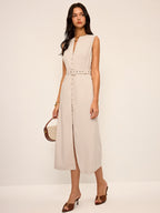 Cotton & Linen Blend V-Neck Belted Midi Dress