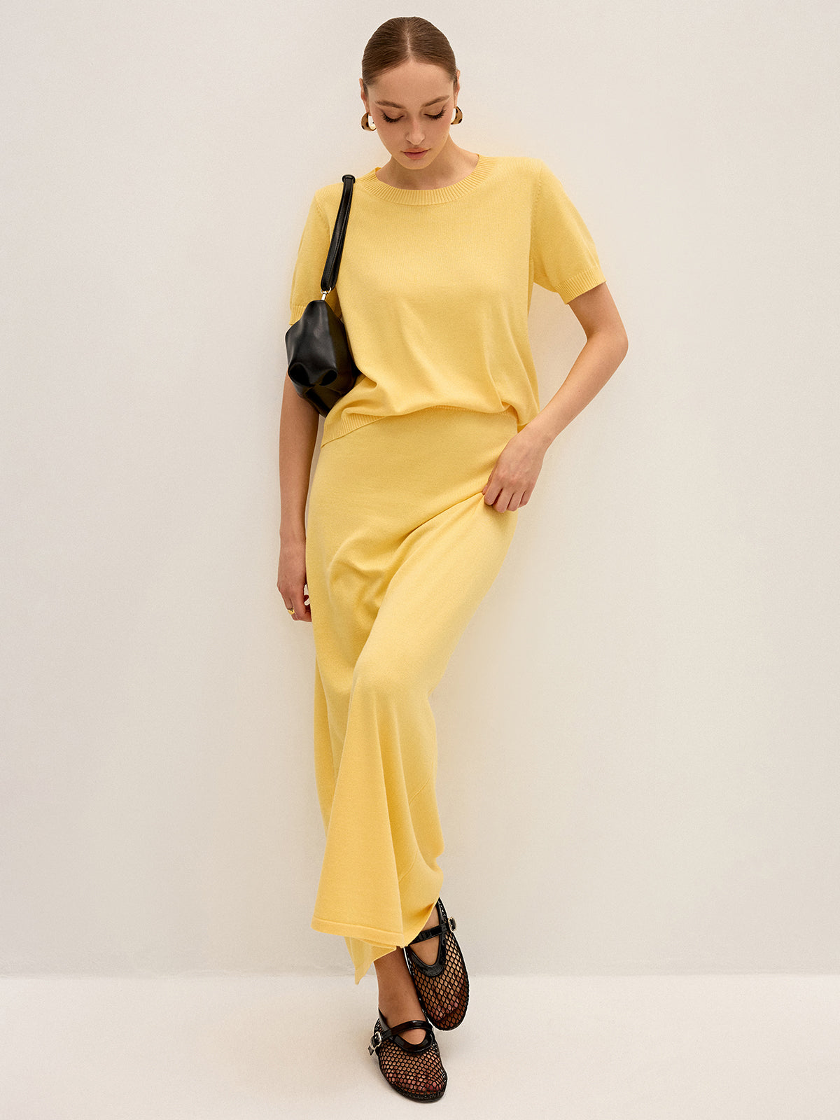 Knitted Short-Sleeve Top and Maxi Skirt Set