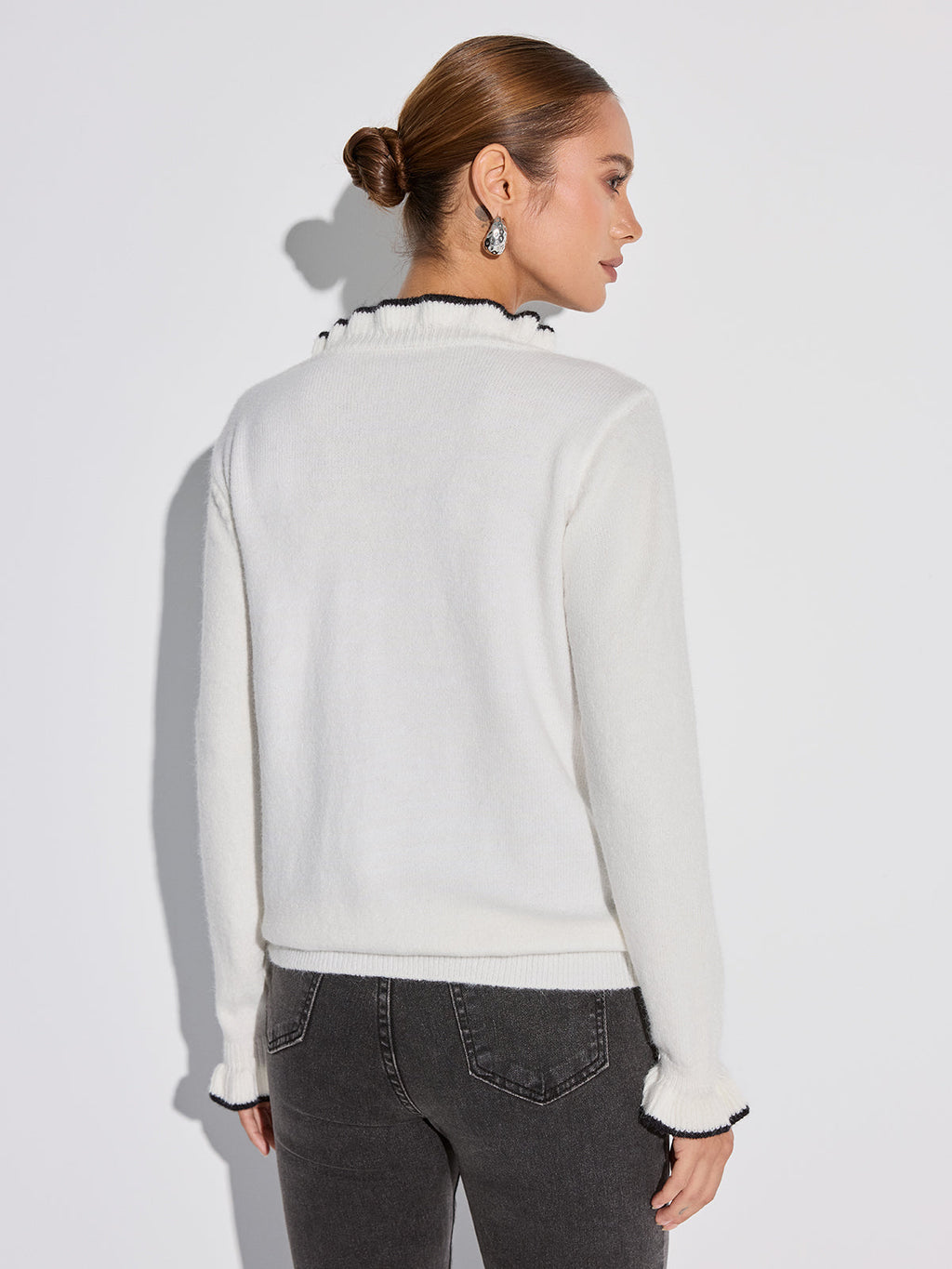 Contrast Ruffle Trim Button Sweater
