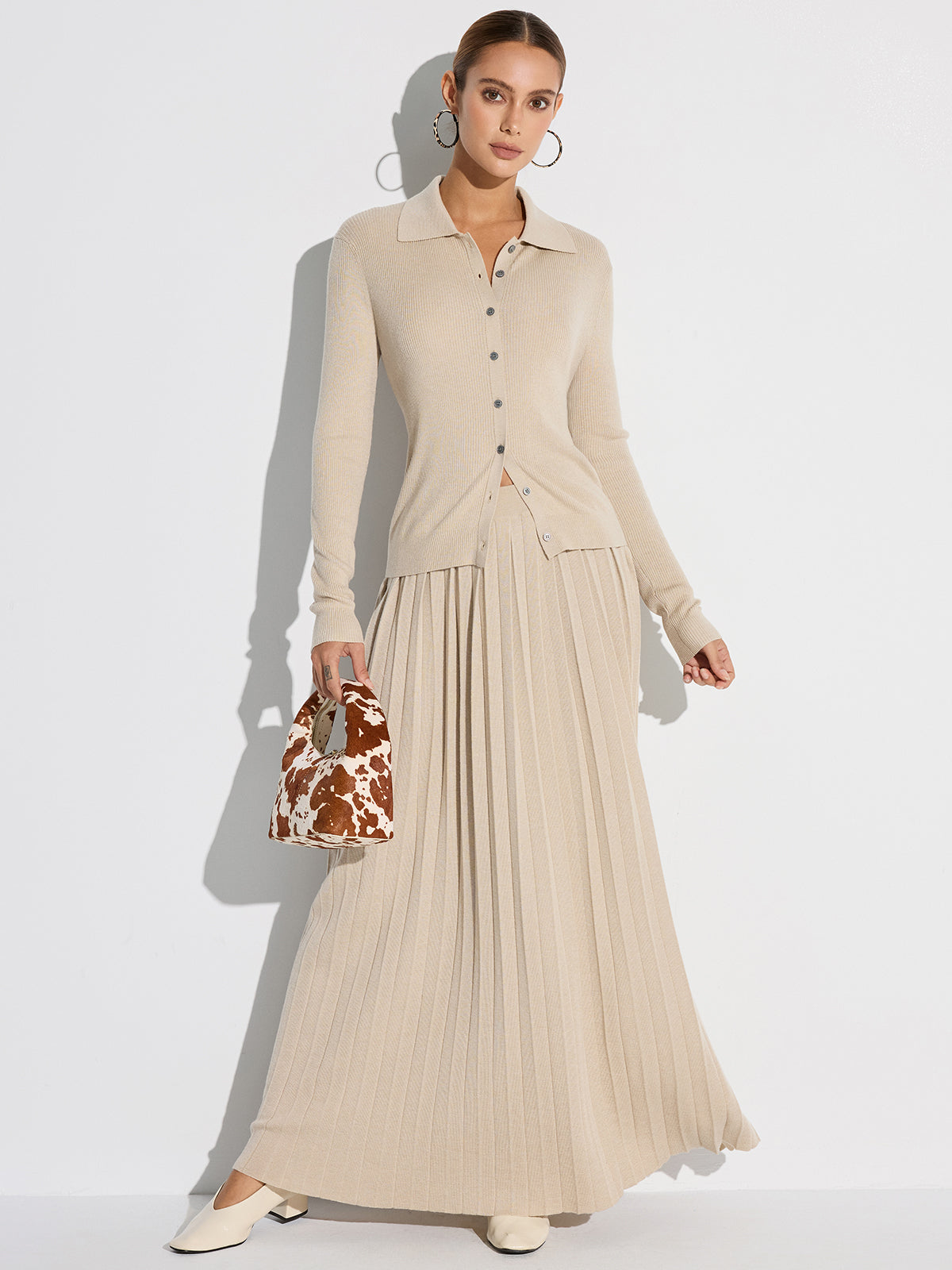 Knit Cardigan & Pleated Midi Skirt Set