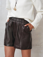 Elastic Waistband Faux Leather Shorts