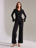 Bell Sleeve Ribbed Knit Polo Top