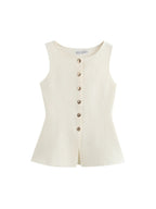 Sleeveless Square-Neck Buttoned Top With Split Hem