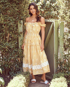 Bibi Eyelet Lace Gingham Midi Dress Mustard FINAL
