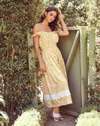 Bibi Eyelet Lace Gingham Midi Dress Mustard FINAL