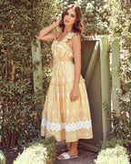 Bibi Eyelet Lace Gingham Midi Dress Mustard FINAL