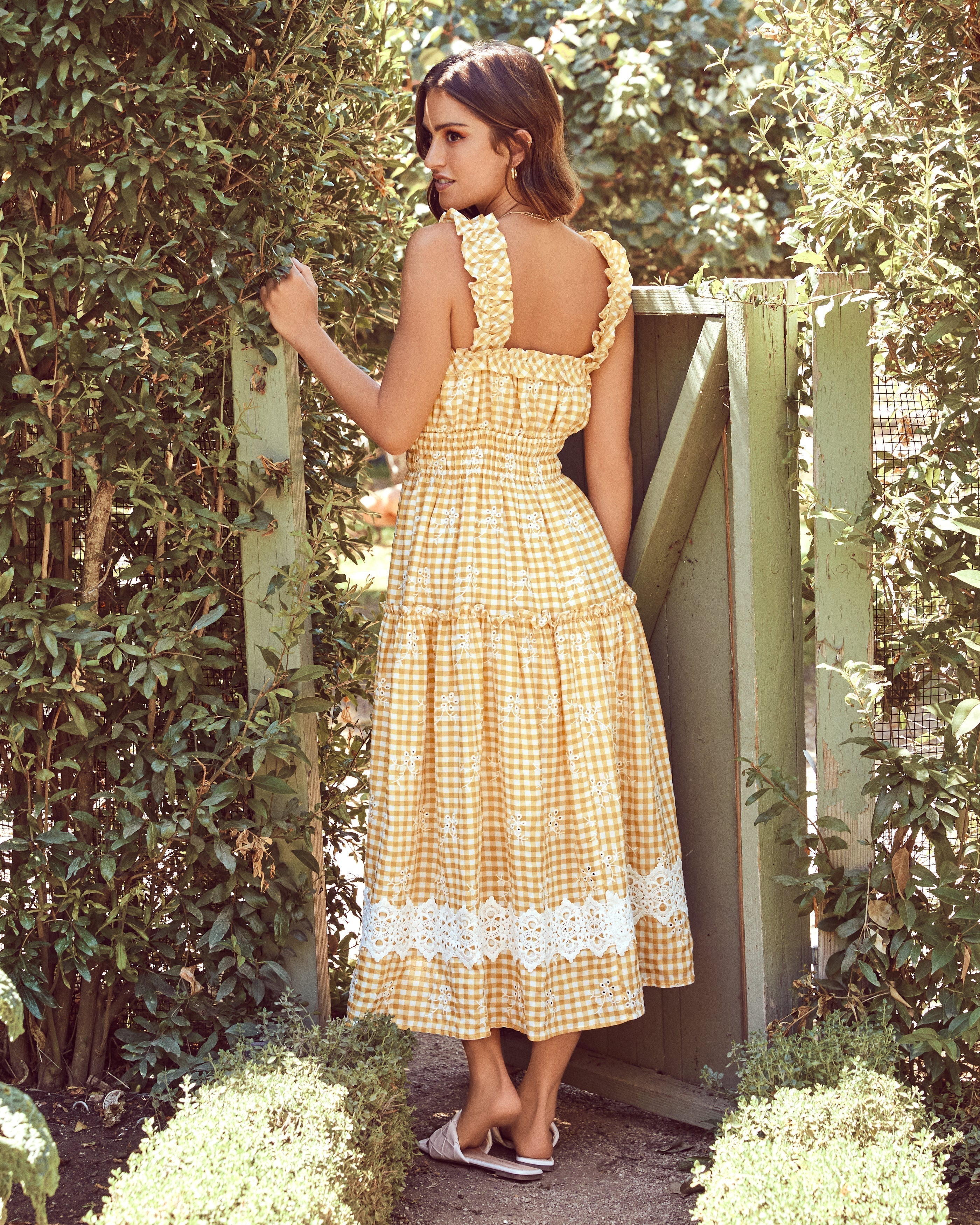 Bibi Eyelet Lace Gingham Midi Dress Mustard FINAL