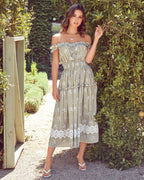 Bibi Eyelet Lace Gingham Midi Dress Olive FINAL