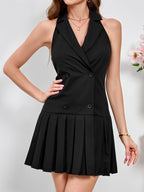 Backless Button Pleated Hem Solid Dress