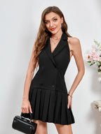 Backless Button Pleated Hem Solid Dress