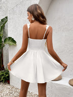 Backless Lace Trim Button Pleated Dress
