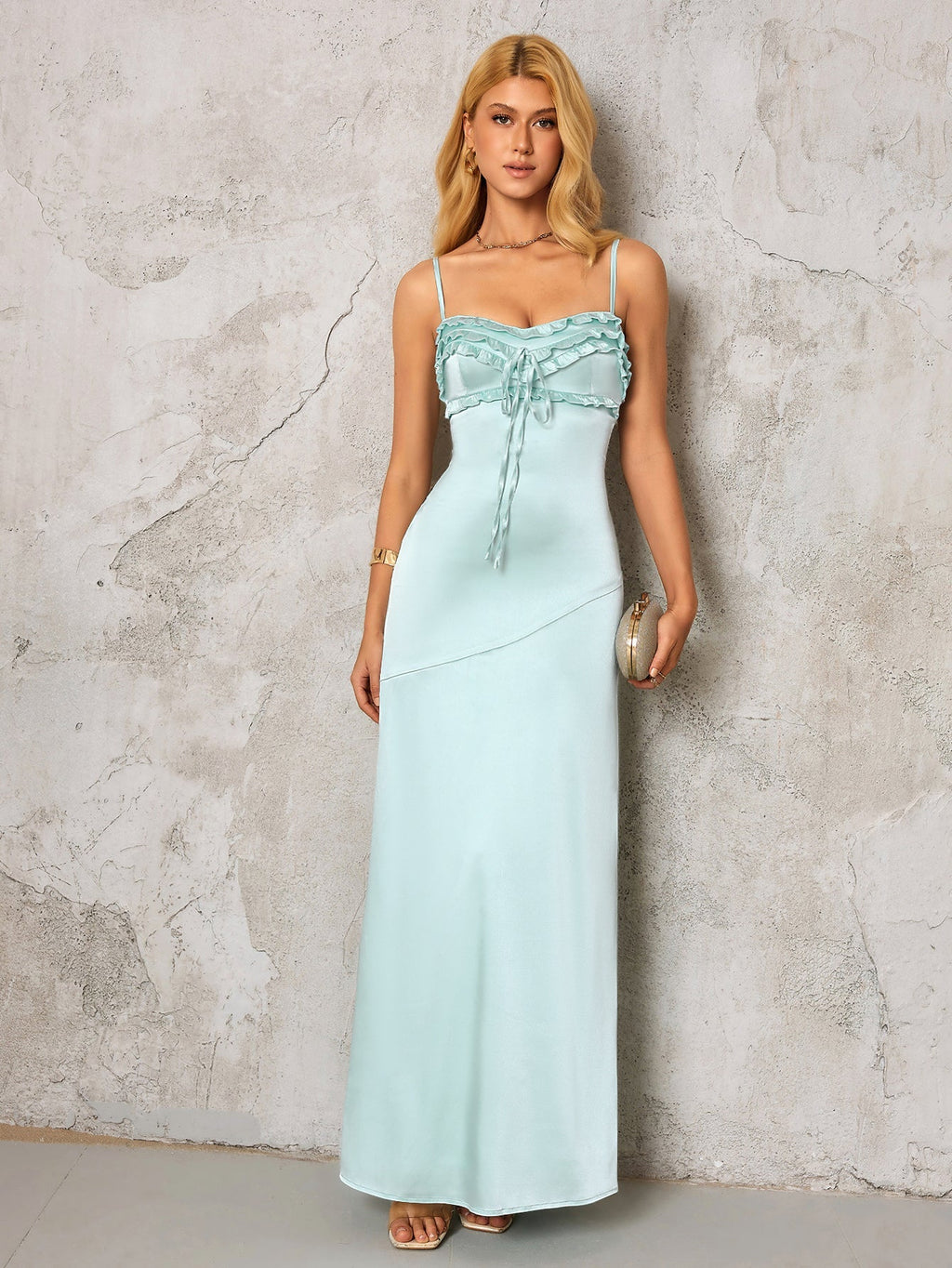 Backless Ruffle Trim Tie Front Satin Dress