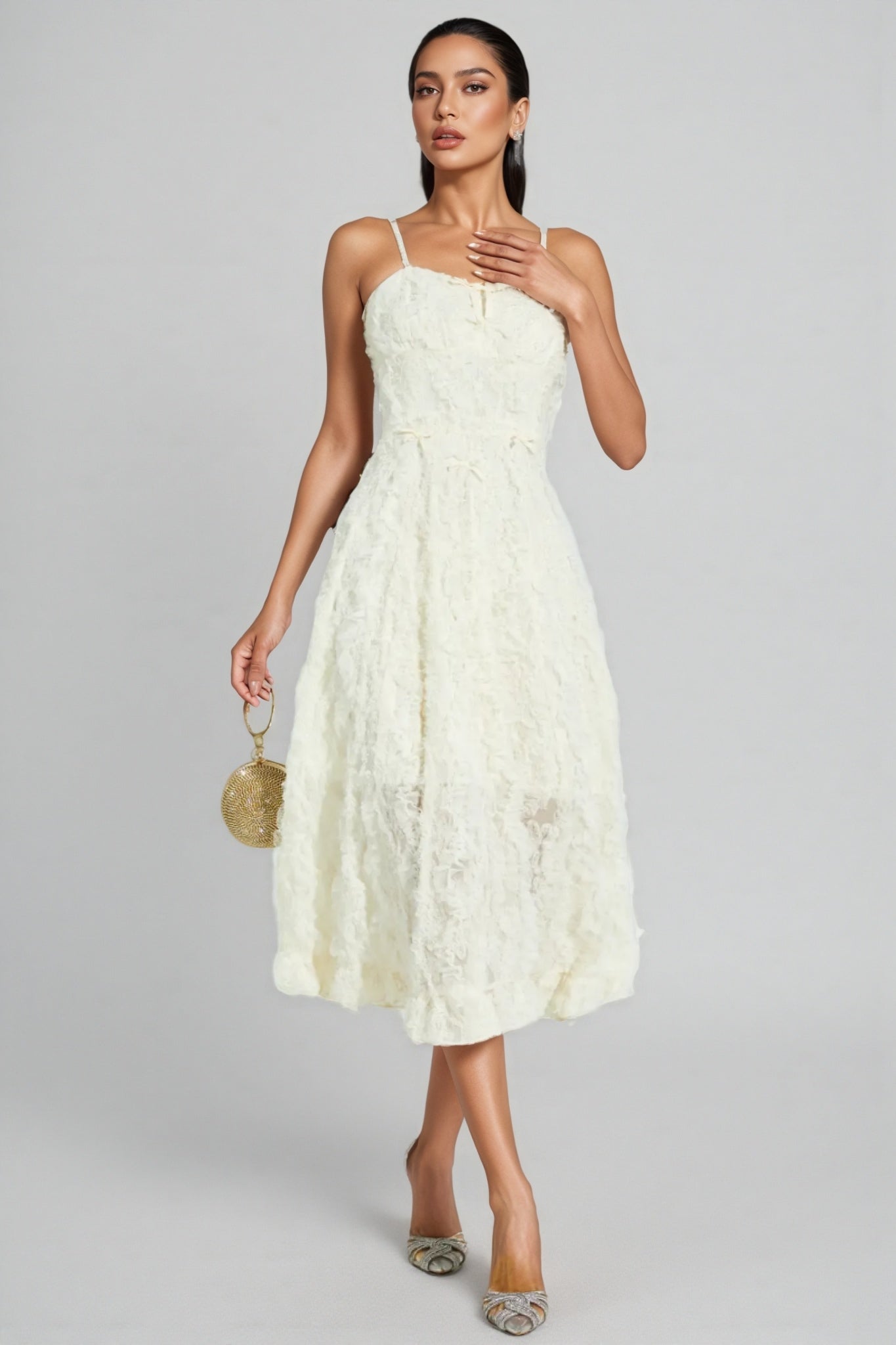 Kathle Beige Feather Midi Dress