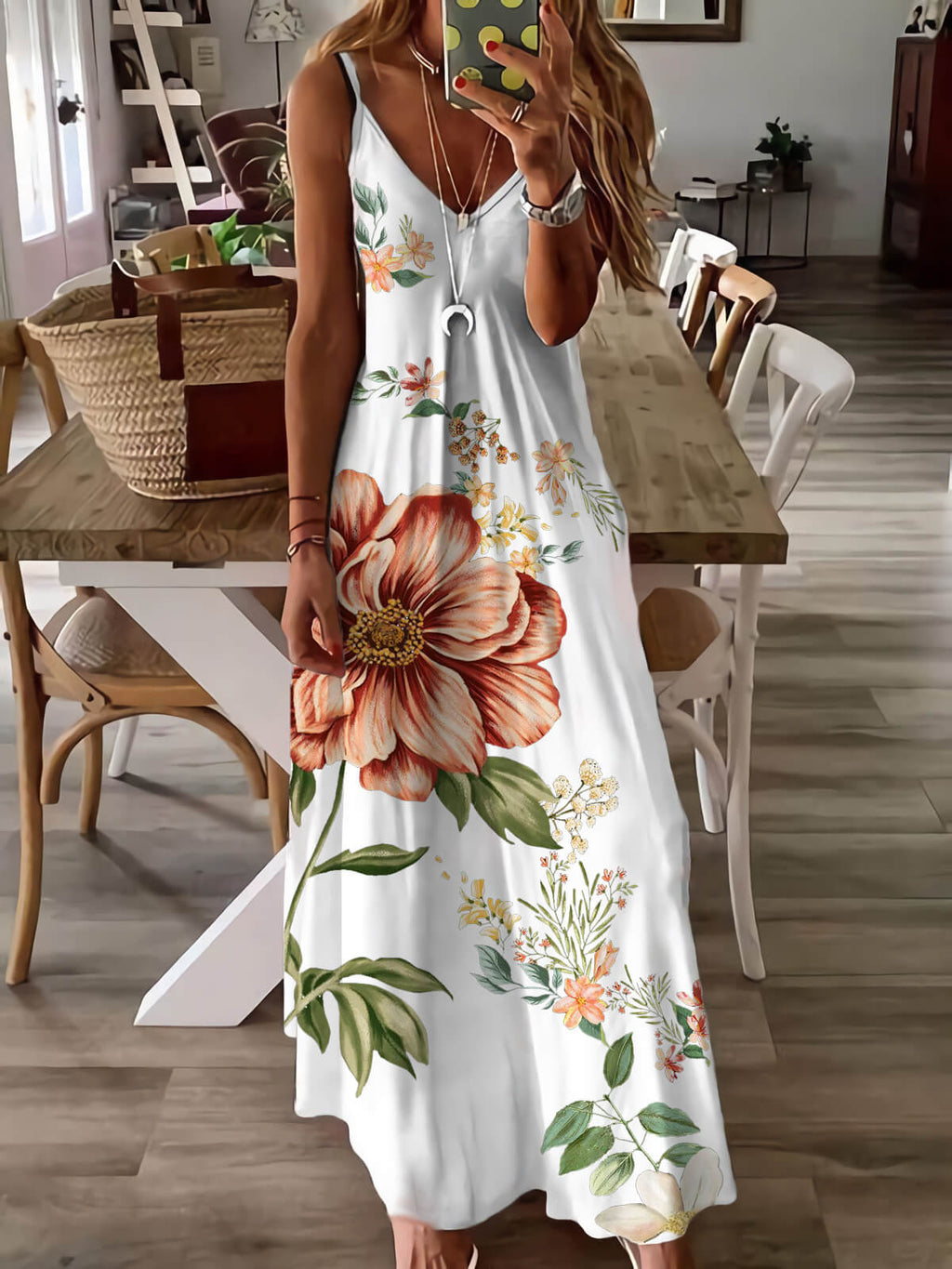 Basic Sleeveless White Print Maxi Dress