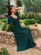 Batwing Sleeve V-Neck Bow Tie Back With Pockets Long Dress