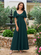 Batwing Sleeve V-Neck Bow Tie Back With Pockets Long Dress