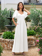 Batwing Sleeve V-Neck Bow Tie Back With Pockets Long Dress