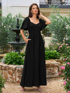 Batwing Sleeve V-Neck Bow Tie Back With Pockets Long Dress