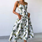 Beach Printing Suspenders Robe VNeck Seeveless Women's Vestiti Donna Midi Dresses