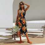 Beach Printing Suspenders Robe VNeck Seeveless Women's Vestiti Donna Midi Dresses