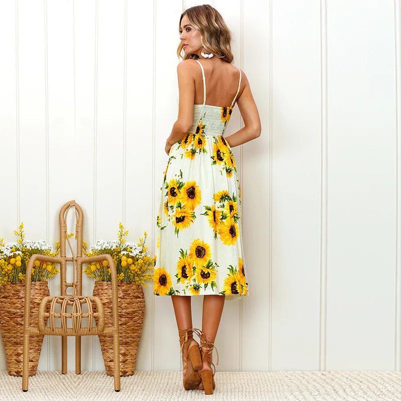 Beach Printing Suspenders Robe VNeck Seeveless Women's Vestiti Donna Midi Dresses