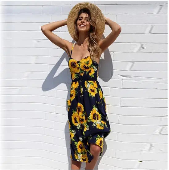 Beach Printing Suspenders Robe VNeck Seeveless Women's Vestiti Donna Midi Dresses
