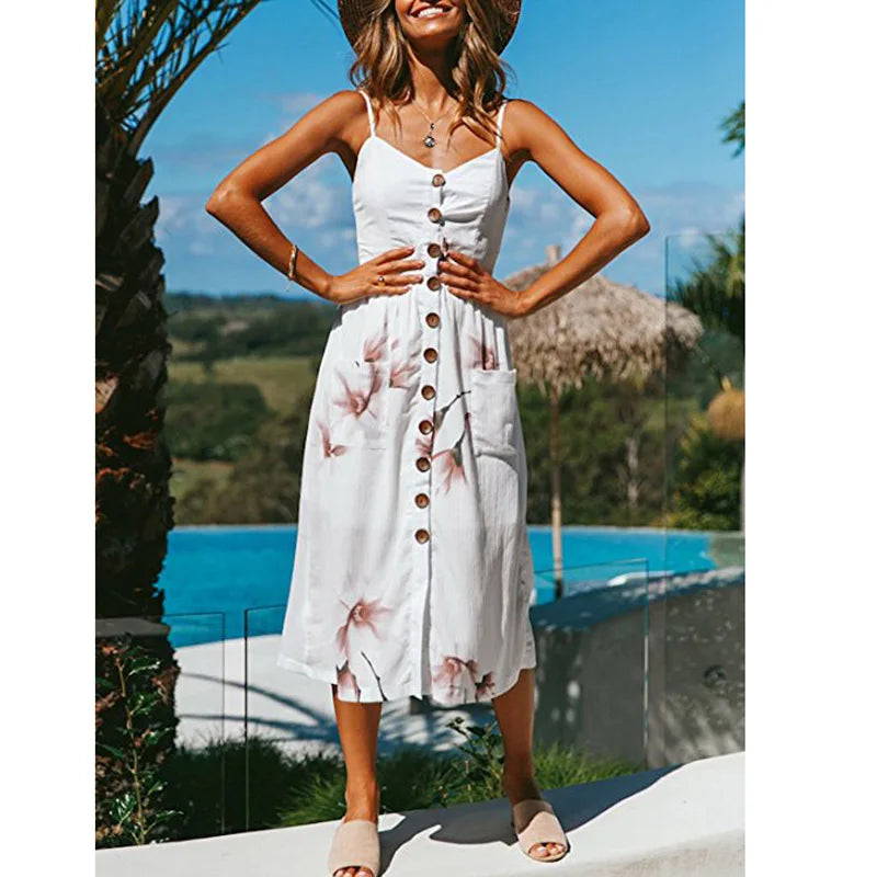 Beach Printing Suspenders Robe VNeck Seeveless Women's Vestiti Donna Midi Dresses