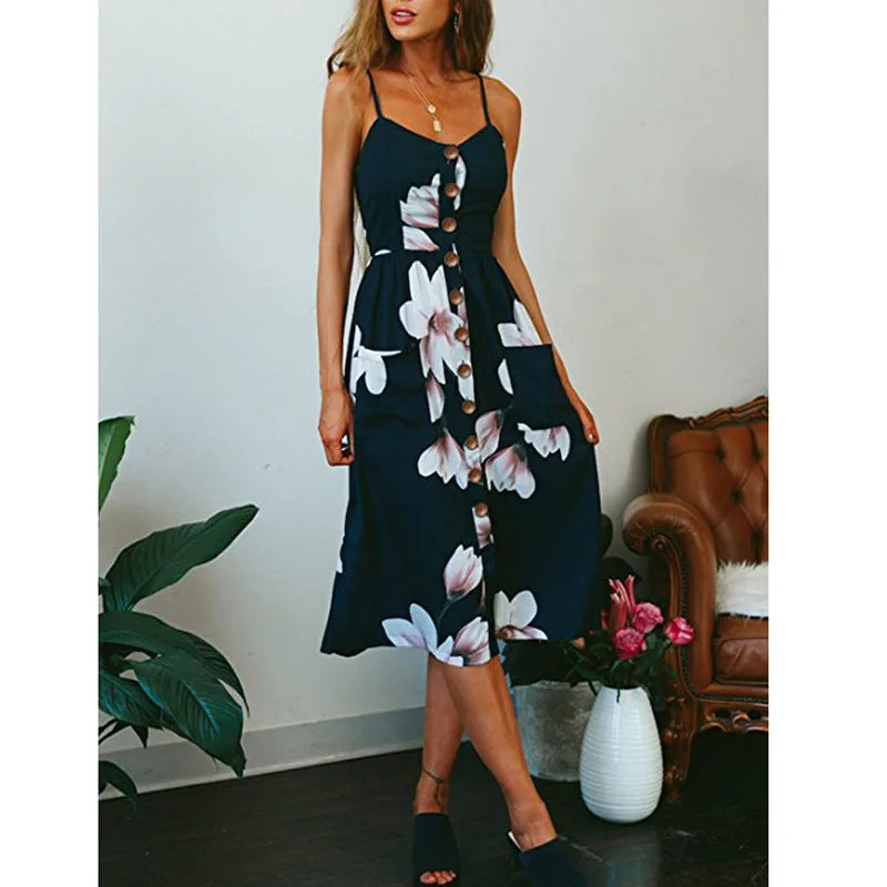 Beach Printing Suspenders Robe VNeck Seeveless Women's Vestiti Donna Midi Dresses