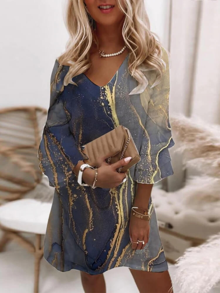 Beach Ocean Waves Marble Print 3/4 Sleeve Short Dress