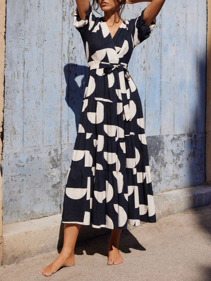 Puff Sleeve V - Neck Geometric Print Midi Dress