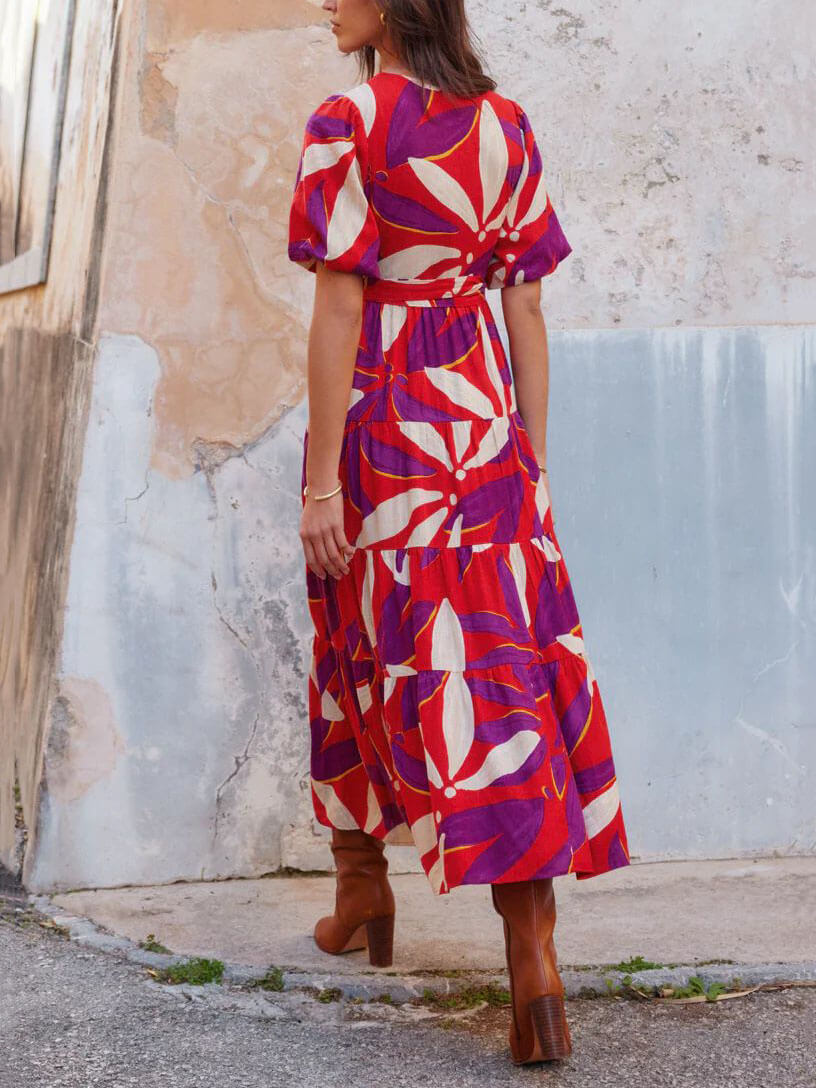 V - Neck Puff Sleeves Slit Printed Maxi Dress