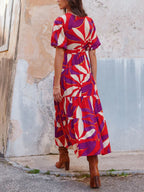 V - Neck Puff Sleeves Slit Printed Maxi Dress
