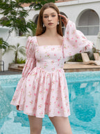 Bell Sleeve Ruched Floral Print Mini Dress