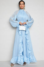 Junatk Stand Collar Long Sleeve Frill Maxi Dress