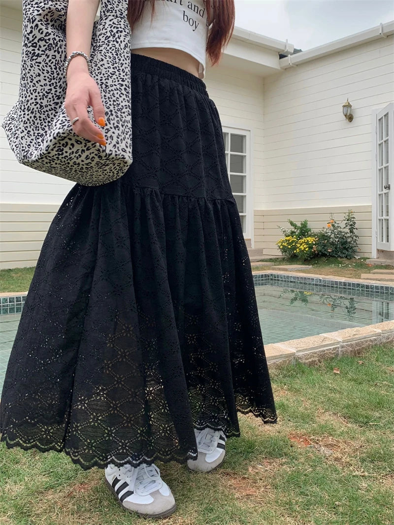Black Lace Ruffled High Waist ALine Skirt