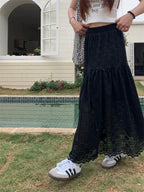 Black Lace Ruffled High Waist ALine Skirt