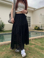 Black Lace Ruffled High Waist ALine Skirt
