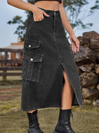 Casual Split Long High Waisted ALine Cargo Jean Skirt
