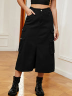 Casual Split Long High Waisted ALine Cargo Jean Skirt