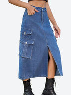 Casual Split Long High Waisted ALine Cargo Jean Skirt