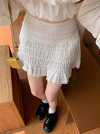 DressBetty - White Lace Trim Ruffled Sweet High Waist A-Line Skirt