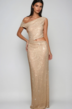 Berlioz Diamante One Shoulder Dress In Apricot