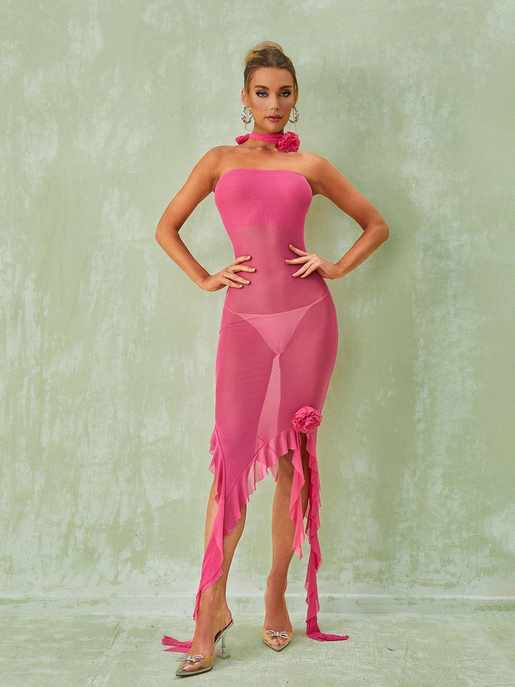Berry Ruffle Flower Mesh Dress In Hot Pink