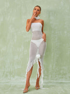 Berry Ruffle Flower Mesh Dress In White