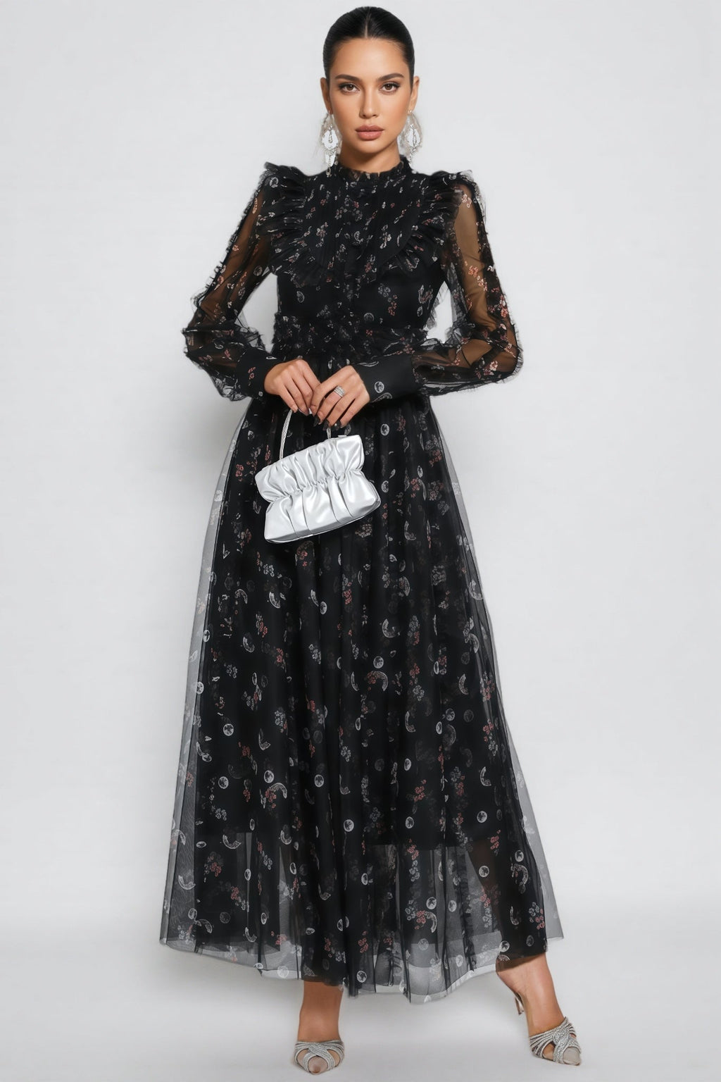 Cadence Black Floral Long Sleeve Maxi Dress