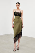 Bess Spaghetti Lace Asymmetric Midi Dress