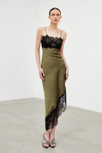 Bess Spaghetti Lace Asymmetric Midi Dress